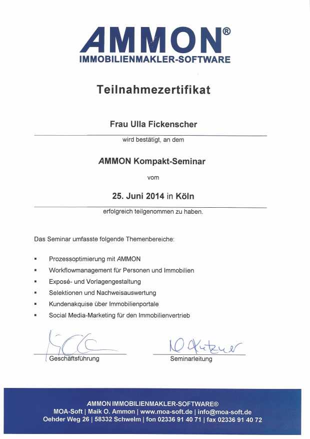 Teilnahmebescheinigung AMMON Kompakt-Seminar, AMMON