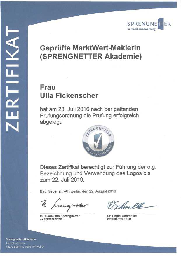 Zertifikat Geprüfte MarktWert-Maklering, Sprengnetter